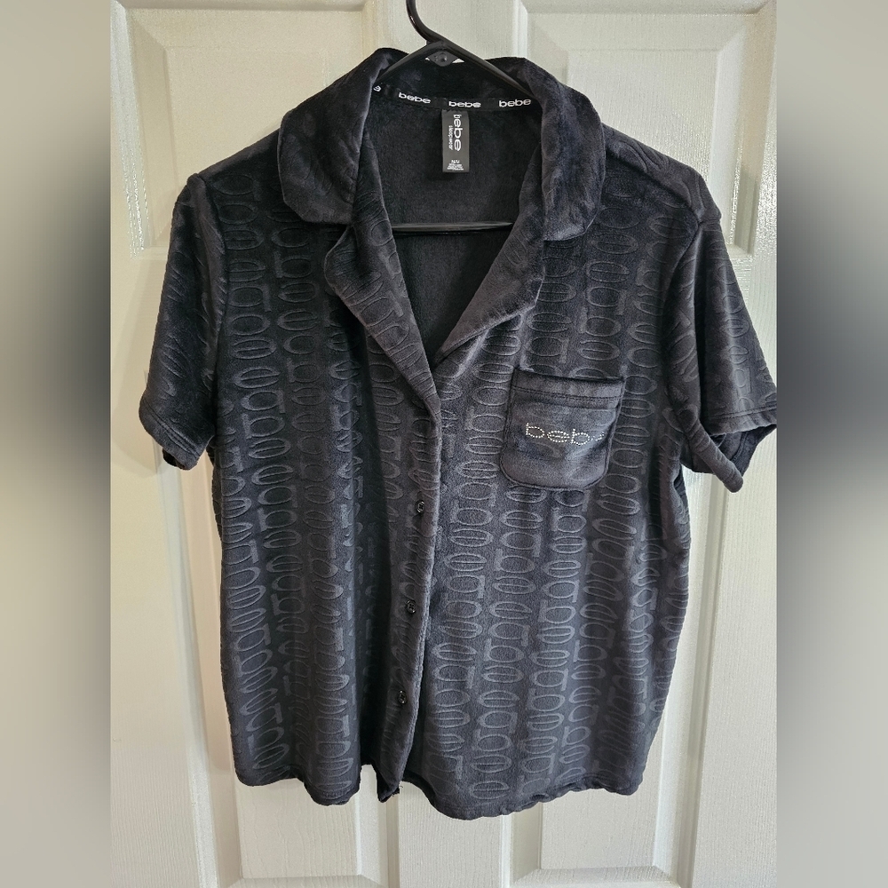 bebe Women Medium Black Velour Monogram Button Shirt Y2K Lounge Sleep Top Cozy - Picture 2 of 6